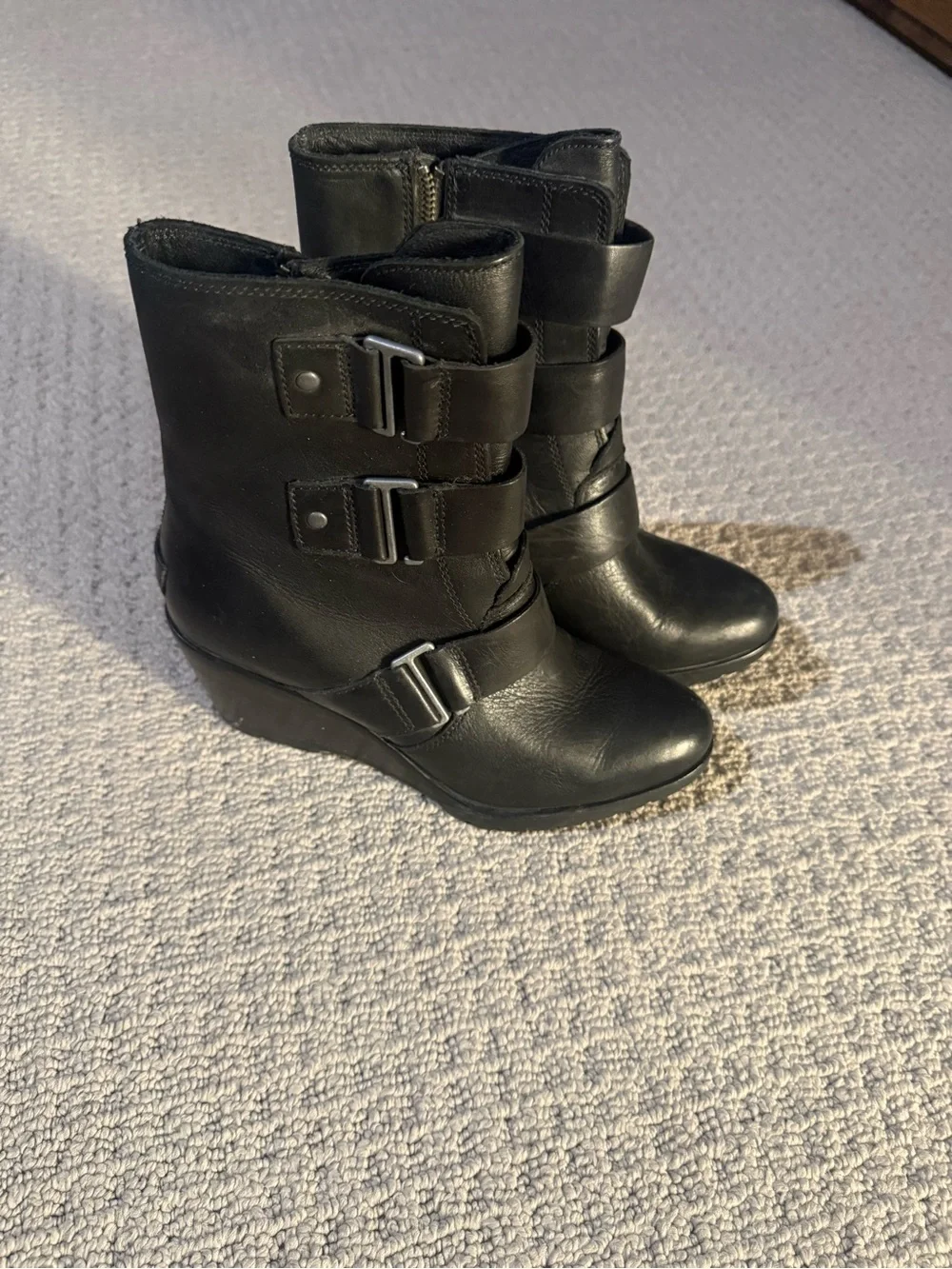 Sorel Black Mid-Calf Buckle Wedge Boots